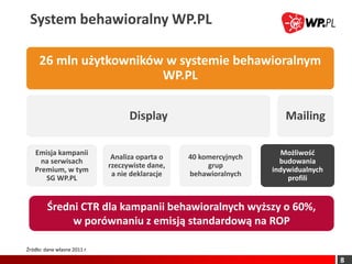 System behawioralny WP.PL

     26 mln użytkowników w systemie behawioralnym
                        WP.PL

                                   Display                            Mailing

   Emisja kampanii                                                    Możliwośd
                              Analiza oparta o   40 komercyjnych
     na serwisach                                                    budowania
                             rzeczywiste dane,        grup
   Premium, w tym                                                  indywidualnych
                              a nie deklaracje   behawioralnych
      SG WP.PL                                                         profili


         Średni CTR dla kampanii behawioralnych wyższy o 60%,
              w porównaniu z emisją standardową na ROP

Źródło: dane własne 2011 r

                                                                                    8
 