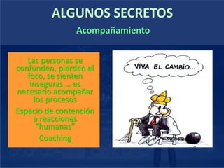 ALGUNOS SECRETOS
Las personas se
confunden, pierden el
foco, se sienten
inseguras … es
necesario acompañar
los procesos
Espacio de contención
a reacciones
“humanas”
Coaching
Acompañamiento
 