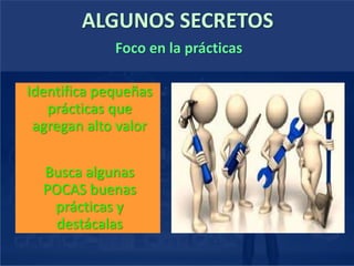 ALGUNOS SECRETOS
Identifica pequeñas
prácticas que
agregan alto valor
Busca algunas
POCAS buenas
prácticas y
destácalas
Foco en la prácticas
 