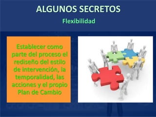 ALGUNOS SECRETOS
Establecer como
parte del proceso el
rediseño del estilo
de intervención, la
temporalidad, las
acciones y el propio
Plan de Cambio
Flexibilidad
 