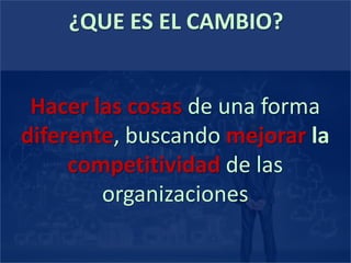 ¿QUE ES EL CAMBIO?
Hacer las cosas de una forma
diferente, buscando mejorar la
competitividad de las
organizaciones
 