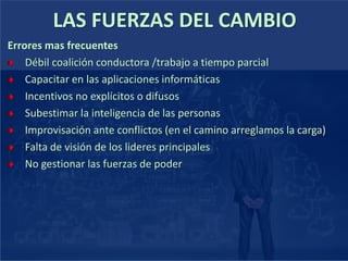 Errores mas frecuentes
Débil coalición conductora /trabajo a tiempo parcial
Capacitar en las aplicaciones informáticas
Incentivos no explícitos o difusos
Subestimar la inteligencia de las personas
Improvisación ante conflictos (en el camino arreglamos la carga)
Falta de visión de los lideres principales
No gestionar las fuerzas de poder
LAS FUERZAS DEL CAMBIO
 