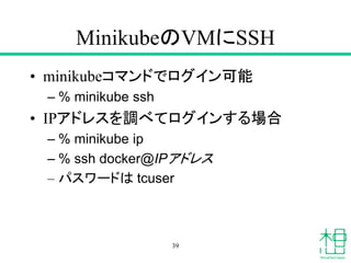 MinikubeのVMにSSH
• minikubeコマンドでログイン可能
– % minikube ssh
• IPアドレスを調べてログインする場合
– % minikube ip
– % ssh docker@IPアドレス
– パスワードは tcuser
39
 
