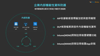 使用雲端原生解決方案減少機密外洩風險
AIP依據敏感度標籤加密與套用權限
DLP偵測檔案與信件內容機敏性資料
Intune(MDM)限制註冊裝置硬體功能
Intune(MAM)控管註冊裝置App安裝
 