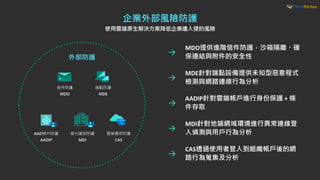 使用雲端原生解決方案降低企業遭入侵的風險
MDO提供進階信件防護，沙箱隔離、確
保連結與附件的安全性
MDE針對端點設備提供未知型惡意程式
檢測與網路連線行為分析
AADIP針對雲端帳戶進行身份保護 + 條
件存取
MDI針對地端網域環境進行異常連線登
入偵測與用戶行為分析
CAS透過使用者登入到組織帳戶後的網
路行為蒐集及分析
 