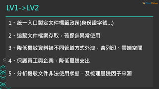 LV1->LV2
1、統一入口製定文件標籤政策(身份證字號…)
2、追蹤文件檔案存取，確保無異常使用
3、降低機敏資料被不同管道方式外洩，含列印、雲端空間
4、保護員工與企業，降低風險支出
5、分析機敏文件非法使用狀態，及梳理風險因子來源
 