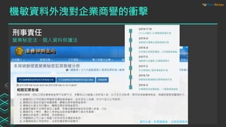 機敏資料外洩對企業商譽的衝擊
刑事責任
營業秘密法、個人資料保護法
資料出處：新聞實驗室、法務部調查局
 