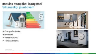E. Keziks | 2021-12-17
© Robert Bosch SIA 2021. All rights reserved, also regarding any disposal, exploitation, reproduction, editing, distribution, as well as in the event of applications for industrial property rights.
Impulss straujākai izaugsmei
Siltumsūkņi jaunbūvēm
 Energoefektivitāte
 Izmaksas
 Vietas trūkums
 Trokšņa līmenis
 