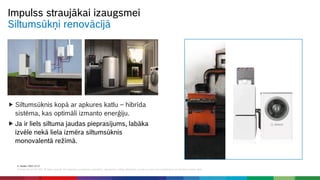 E. Keziks | 2021-12-17
© Robert Bosch SIA 2021. All rights reserved, also regarding any disposal, exploitation, reproduction, editing, distribution, as well as in the event of applications for industrial property rights.
Impulss straujākai izaugsmei
Siltumsūkņi renovācijā
 Siltumsūknis kopā ar apkures katlu – hibrīda
sistēma, kas optimāli izmanto enerģiju.
 Ja ir liels siltuma jaudas pieprasījums, labāka
izvēle nekā liela izmēra siltumsūknis
monovalentā režīmā.
 