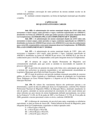 I - mediante convocação de outro professor da mesma unidade escolar ou de
unidade mais próxima;
II - mediante contrato temporário, na forma da legislação municipal que discipline
a matéria.
CAPÍTULO III
DO QUANTITATIVO DOS CARGOS
Art. 153. A administração do ensino municipal dispõe de 2.913 (dois mil,
novecentos e treze) cargos, entre providos e vagos, conforme especificados no ANEXO I,
distribuídos na forma do ANEXO II, sendo que ambos passam a fazer parte integrante desta
Lei Complementar.(ALTERADA PELA LEI COMPLEMENTAR Nº 252/2011)
Art. 153 – A administração do ensino municipal dispõe de 2.913 (dois mil,
novecentos e treze) cargos, entre providos e vagos, conforme especificado no ANEXO I,
distribuídos na forma do ANEXO II por níveis e do ANEXO II-A, por área de conhecimento
para o nível III, compreendidos como parte integrante desta Lei Complementar. ALTERADA
PELA LEI COMPLEMENTAR Nº 319/2014)
Art. 153 – A administração do ensino municipal dispõe de 2.953 (dois mil,
novecentos e cinquenta e três) cargos, entre providos e vagos, conforme especificado no
ANEXO I, distribuídos na forma do ANEXO II por níveis e do ANEXO II-A, por área de
conhecimento para o nível III, compreendidos como parte integrante desta Lei Complementar.
§1º. O número de cargos do Quadro Permanente do Magistério será
constantemente atualizado, para que assim se atendam às necessidades de expansão do
processo educacional.
§2º. As previsões de aumento de cargo serão feitas com a antecipação que permita
a inclusão dos acréscimos na proposta orçamentária a ser oportunamente encaminhada ao
Legislativo Municipal, pelo Chefe do Poder Executivo Municipal.
§3º. O cargo de professor será provido mediante nomeação precedida de concurso
público de prova e títulos exigindo-se a habilitação mínima de graduação em Licenciatura
Plena, Pedagogia ou Curso Normal Superior e o disposto na Lei de Diretrizes e Bases da
Educação Nacional.
Art. 154. Os valores dos vencimentos básicos dos professores passam a ser
determinados, a partir da data de publicação desta Lei Complementar, conforme Piso Salarial
Profissional Nacional do Magistério Público da Educação Básica, atualizado anualmente no
mês de janeiro, calculado no mesmo percentual de crescimento do valor anual mínimo por
aluno referente aos anos iniciais do ensino fundamental, definido nacionalmente, nos termos
da Lei Federal nº 11.494, de 20 de junho de 2007, e Lei Federal nº 11.738, de 16 de julho de
2008, garantido o mesmo percentual a todos os níveis, conforme ANEXO III.
§1º. A diferença de vencimento, de um nível para outro, respeitadas as referências
equivalentes, se dará na forma do Anexo III – Tabela Salarial do Pessoal do Magistério, parte
integrante desta Lei Complementar, respeitados os índices apurados entre:
I – o Nível I para o Nível II;
II – o Nível II para o Nível III;
III – o Nível III para o Nível IV;
IV – o Nível IV para o Nível V.
 