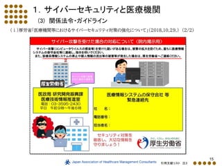 15
１．サイバーセキュリティと医療機関
(3) 関係法令・ガイドライン
（ⅰ）厚労省「医療機関等におけるサイバーセキュリティ対策の強化について」（2018.10.29.） (2/2)
引用文献リスト 注３
 