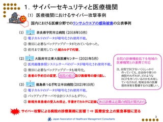 3
１．サイバーセキュリティと医療機関
(1) 医療機関におけるサイバー攻撃事例
国内における医療分野でのランサムウエアの感染被害の公表事例
（１） 奈良県宇陀市立病院 (2018年10月)
① 電子カルテのデータが暗号化され使用不能。
② 復旧に必要なバックアップデータがとれていなかった。
③ 前月まで運用していた紙カルテで代替。
（2） 大阪府市立東大阪医療センター (2021年5月)
① 医用画像参照システムサーバのデータが暗号化され使用不能。
② 復旧に必要なバックアップデータも暗号化。
③ 患者の予約日の変更、 他院の紹介及び画像等の撮り直し。
（3） 徳島県つるぎ町立半田病院（2021年10月）
① 電子カルテのデータが暗号化され使用不能。
② バックアップサーバや会計システムもダウン。
③ 新規外来患者の受入れ停止、手書きでカルテに記録、休日診療は近隣の病院が肩代わり。
サイバー攻撃による病院の診療業務に影響！⇒ 医療安全上の緊急事態に至る
自院の診療機能低下を地域の
医療機関との連携で対応
注．自院でBCPをいくらしっかり
作っていても、自治体や周りの
病院それぞれが、どのような
BCPを作っているのかを共有し
ていなければ、地域全体の医療
提供体制を整備するのは難しい。
 