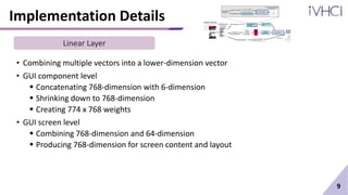 Implementation Details
• Combining multiple vectors into a lower-dimension vector
• GUI component level
 Concatenating 768-dimension with 6-dimension
 Shrinking down to 768-dimension
 Creating 774 x 768 weights
• GUI screen level
 Combining 768-dimension and 64-dimension
 Producing 768-dimension for screen content and layout
9
Linear Layer
 