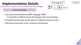 Implementation Details
• Use a pre-trained Sentence-BERT language model
 Using SNLI and Multi-Genre NLI datasets with mean-pooling
• Encoding the text label of description to 768-dimensional vectors
• Deriving semantically similar sentences and phrases
10
Text Embeddings
 
