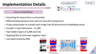 Implementation Details
• Extracting the layout from a screenshot
• Differentiating between text and non-text GUI components
• Using autoencoder to encode each image into 64-dimensional embedding vector
• Encoder’s input dimension : 11,200
• Two hidden layers of 2,048 and 256
• Applying RLU to eliminate negative input
• Loss determined by MSE
11
Layout Embeddings
 