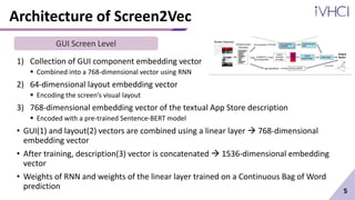 Architecture of Screen2Vec
1) Collection of GUI component embedding vector
 Combined into a 768-dimensional vector using RNN
2) 64-dimensional layout embedding vector
 Encoding the screen’s visual layout
3) 768-dimensional embedding vector of the textual App Store description
 Encoded with a pre-trained Sentence-BERT model
• GUI(1) and layout(2) vectors are combined using a linear layer  768-dimensional
embedding vector
• After training, description(3) vector is concatenated  1536-dimensional embedding
vector
• Weights of RNN and weights of the linear layer trained on a Continuous Bag of Word
prediction 5
GUI Screen Level
 
