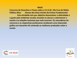 MAIO
Concurso de Desenhos e Frases sobre a E.E.E.M. Vila Cruz de Malta
Público-Alvo: Alunos dos Anos Iniciais do Ensino Fundamental
Esta atividade tem por objetivo desenvolver a afetividade e
o gosto pelo ambiente escolar, levando os alunos a valorizarem a
escola e as relações humanas que nela ocorrem. Os vencedores do
concurso e as respectivas professoras receberam uma impressão
gráfica em tamanho A3 contendo as melhores produções sobre a
escola.
 