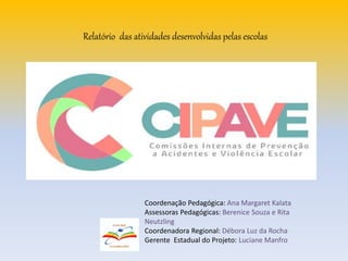 Coordenação Pedagógica: Ana Margaret Kalata
Assessoras Pedagógicas: Berenice Souza e Rita
Neutzling
Coordenadora Regional: Débora Luz da Rocha
Gerente Estadual do Projeto: Luciane Manfro
Relatório das atividades desenvolvidas pelas escolas
 