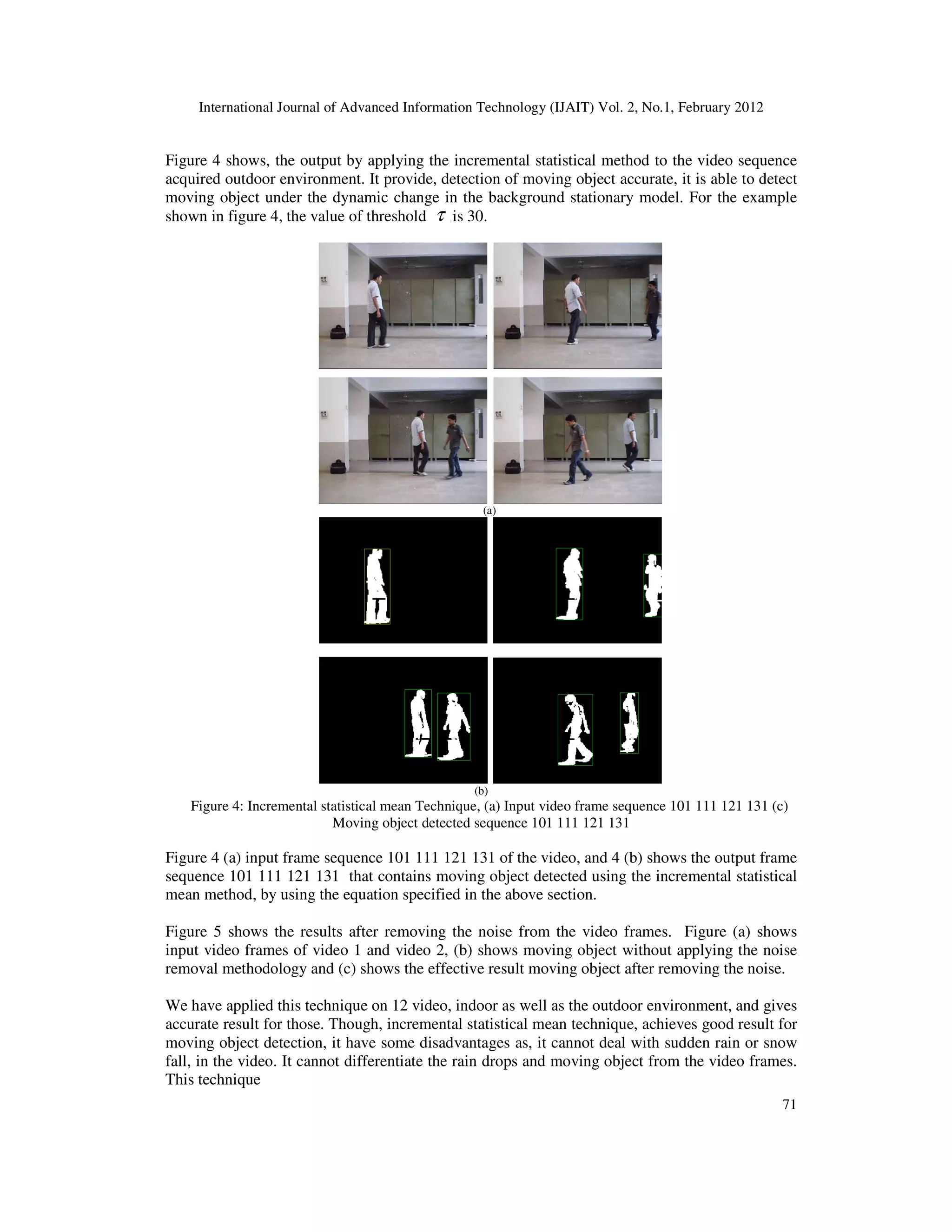 International Journal of Advanced Information Technology (IJAIT) Vol. 2, No.1, February 2012 71 Figure 4 shows, the output by applying the incremental statistical method to the video sequence acquired outdoor environment. It provide, detection of moving object accurate, it is able to detect moving object under the dynamic change in the background stationary model. For the example shown in figure 4, the value of threshold τ is 30. (a) (b) Figure 4: Incremental statistical mean Technique, (a) Input video frame sequence 101 111 121 131 (c) Moving object detected sequence 101 111 121 131 Figure 4 (a) input frame sequence 101 111 121 131 of the video, and 4 (b) shows the output frame sequence 101 111 121 131 that contains moving object detected using the incremental statistical mean method, by using the equation specified in the above section. Figure 5 shows the results after removing the noise from the video frames. Figure (a) shows input video frames of video 1 and video 2, (b) shows moving object without applying the noise removal methodology and (c) shows the effective result moving object after removing the noise. We have applied this technique on 12 video, indoor as well as the outdoor environment, and gives accurate result for those. Though, incremental statistical mean technique, achieves good result for moving object detection, it have some disadvantages as, it cannot deal with sudden rain or snow fall, in the video. It cannot differentiate the rain drops and moving object from the video frames. This technique 