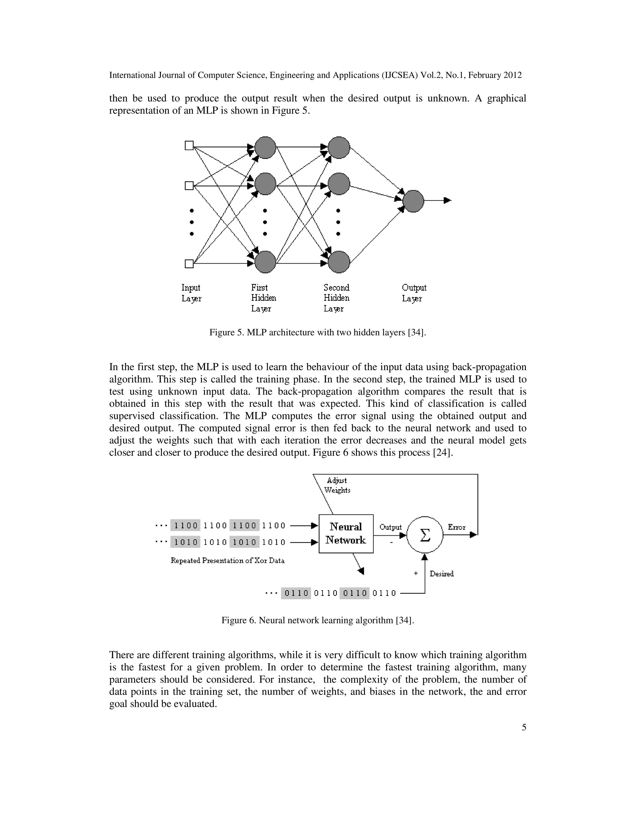 International Journal of Computer Science, Engineering and Applications (IJCSEA) Vol.2, No.1, February 2012 5 then be used to produce the output result when the desired output is unknown. A graphical representation of an MLP is shown in Figure 5. Figure 5. MLP architecture with two hidden layers [34]. In the first step, the MLP is used to learn the behaviour of the input data using back-propagation algorithm. This step is called the training phase. In the second step, the trained MLP is used to test using unknown input data. The back-propagation algorithm compares the result that is obtained in this step with the result that was expected. This kind of classification is called supervised classification. The MLP computes the error signal using the obtained output and desired output. The computed signal error is then fed back to the neural network and used to adjust the weights such that with each iteration the error decreases and the neural model gets closer and closer to produce the desired output. Figure 6 shows this process [24]. Figure 6. Neural network learning algorithm [34]. There are different training algorithms, while it is very difficult to know which training algorithm is the fastest for a given problem. In order to determine the fastest training algorithm, many parameters should be considered. For instance, the complexity of the problem, the number of data points in the training set, the number of weights, and biases in the network, the and error goal should be evaluated. 