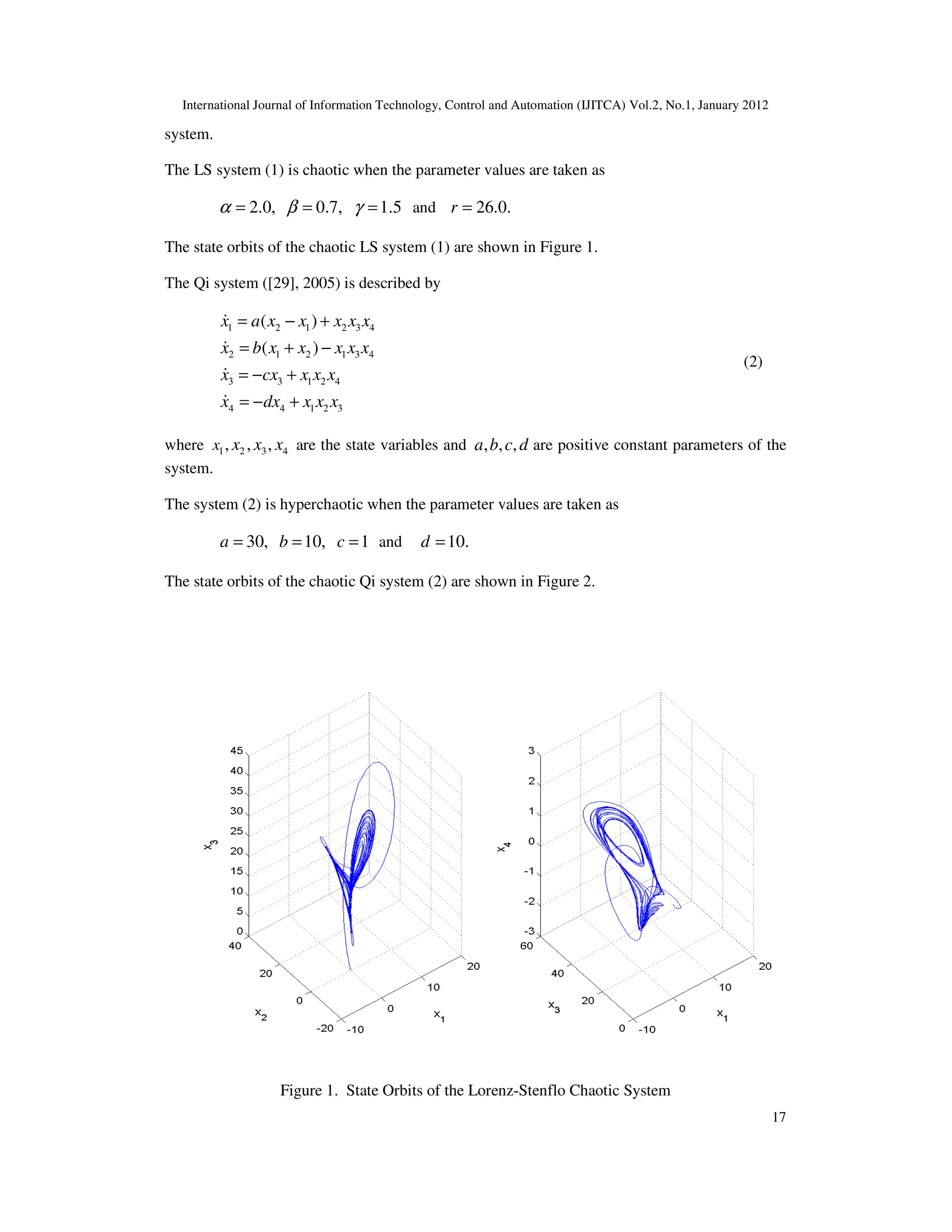 International Journal of Information Technology, Control and Automation (IJITCA) Vol.2, No.1, January 2012
17
system.
The LS system (1) is chaotic when the parameter values are taken as
2.0, 0.7, 1.5
α β γ
= = = and 26.0.
r =
The state orbits of the chaotic LS system (1) are shown in Figure 1.
The Qi system ([29], 2005) is described by
1 2 1 2 3 4
2 1 2 1 3 4
3 3 1 2 4
4 4 1 2 3
( )
( )
x a x x x x x
x b x x x x x
x cx x x x
x dx x x x
= − +
= + −
= − +
= − +
&
&
&
&
(2)
where 1 2 3 4
, , ,
x x x x are the state variables and , , ,
a b c d are positive constant parameters of the
system.
The system (2) is hyperchaotic when the parameter values are taken as
30, 10, 1
a b c
= = = and 10.
d =
The state orbits of the chaotic Qi system (2) are shown in Figure 2.
Figure 1. State Orbits of the Lorenz-Stenflo Chaotic System
 