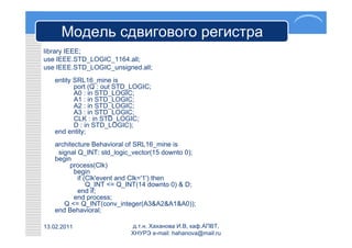Модель сдвигового регистра
library IEEE;
use IEEE.STD_LOGIC_1164.all;
use IEEE.STD_LOGIC_unsigned.all;
   entity SRL16_mine is
          port (Q : out STD_LOGIC;
          A0 : in STD_LOGIC;
          A1 : in STD_LOGIC;
          A2 : in STD_LOGIC;
          A3 : in STD_LOGIC;
          CLK : in STD_LOGIC;
          D : in STD_LOGIC);
   end entity;
   architecture Behavioral of SRL16_mine is
    signal Q_INT: std_logic_vector(15 downto 0);
   begin
        process(Clk)
          begin
           if (Clk'event and Clk='1') then
               Q_INT <= Q_INT(14 downto 0) & D;
           end if;
          end process;
      Q <= Q_INT(conv_integer(A3&A2&A1&A0));
   end Behavioral;

13.02.2011                 д.т.н. Хаханова И.В, каф.АПВТ,
                           ХНУРЭ e-mail: hahanova@mail.ru
 