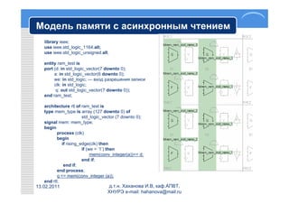 Модель памяти с асинхронным чтением
   library ieee;
   use ieee.std_logic_1164.all;
   use ieee.std_logic_unsigned.all;

   entity ram_test is
   port (d: in std_logic_vector(7 downto 0);
        a: in std_logic_vector(6 downto 0);
        we: in std_logic; — вход разрешения записи
        clk: in std_logic;
         q: out std_logic_vector(7 downto 0));
   end ram_test;

   architecture rtl of ram_test is
   type mem_type is array (127 downto 0) of
                       std_logic_vector (7 downto 0);
   signal mem: mem_type;
   begin
          process (clk)
          begin
            if rising_edge(clk) then
                       if (we = ‘1’) then
                            mem(conv_integer(a))<= d;
                       end if;
             end if;
          end process;
          q <= mem(conv_integer (a));
   end rtl;
13.02.2011                        д.т.н. Хаханова И.В, каф.АПВТ,
                                  ХНУРЭ e-mail: hahanova@mail.ru
 