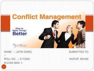 NAME : - JATIN GARG SUBMITTED TO
;-
ROLL NO . :- 2113002 NUPUR MA’AM
M.COM SEM -1
1
MANAGEMENT OF CONFLICT
 