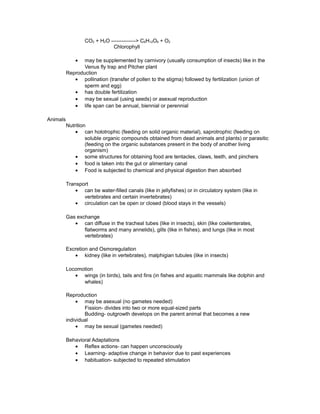 CO2 + H2O --------------> C6H12O6 + O2
Chlorophyll
• may be supplemented by carnivory (usually consumption of insects) like in the
Venus fly trap and Pitcher plant
Reproduction
• pollination (transfer of pollen to the stigma) followed by fertilization (union of
sperm and egg)
• has double fertilization
• may be sexual (using seeds) or asexual reproduction
• life span can be annual, biennial or perennial
Animals
Nutrition
• can holotrophic (feeding on solid organic material), saprotrophic (feeding on
soluble organic compounds obtained from dead animals and plants) or parasitic
(feeding on the organic substances present in the body of another living
organism)
• some structures for obtaining food are tentacles, claws, teeth, and pinchers
• food is taken into the gut or alimentary canal
• Food is subjected to chemical and physical digestion then absorbed
Transport
• can be water-filled canals (like in jellyfishes) or in circulatory system (like in
vertebrates and certain invertebrates)
• circulation can be open or closed (blood stays in the vessels)
Gas exchange
• can diffuse in the tracheal tubes (like in insects), skin (like coelenterates,
flatworms and many annelids), gills (like in fishes), and lungs (like in most
vertebrates)
Excretion and Osmoregulation
• kidney (like in vertebrates), malphigian tubules (like in insects)
Locomotion
• wings (in birds), tails and fins (in fishes and aquatic mammals like dolphin and
whales)
Reproduction
• may be asexual (no gametes needed)
Fission- divides into two or more equal-sized parts
Budding- outgrowth develops on the parent animal that becomes a new
individual
• may be sexual (gametes needed)
Behavioral Adaptations
• Reflex actions- can happen unconsciously
• Learning- adaptive change in behavior due to past experiences
• habituation- subjected to repeated stimulation
 