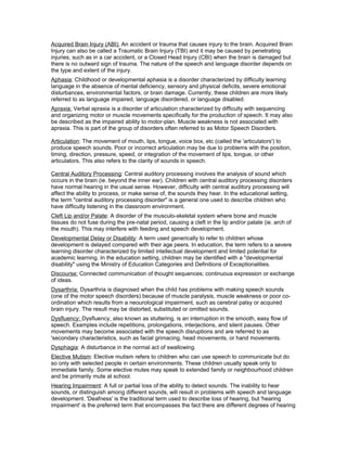 Acquired Brain Injury (ABI): An accident or trauma that causes injury to the brain. Acquired Brain
Injury can also be called a Traumatic Brain Injury (TBI) and it may be caused by penetrating
injuries, such as in a car accident, or a Closed Head Injury (CBI) when the brain is damaged but
there is no outward sign of trauma. The nature of the speech and language disorder depends on
the type and extent of the injury.
Aphasia: Childhood or developmental aphasia is a disorder characterized by difficulty learning
language in the absence of mental deficiency, sensory and physical deficits, severe emotional
disturbances, environmental factors, or brain damage. Currently, these children are more likely
referred to as language impaired, language disordered, or language disabled.
Apraxia: Verbal apraxia is a disorder of articulation characterized by difficulty with sequencing
and organizing motor or muscle movements specifically for the production of speech. It may also
be described as the impaired ability to motor-plan. Muscle weakness is not associated with
apraxia. This is part of the group of disorders often referred to as Motor Speech Disorders.
Articulation: The movement of mouth, lips, tongue, voice box, etc (called the 'articulators') to
produce speech sounds. Poor or incorrect articulation may be due to problems with the position,
timing, direction, pressure, speed, or integration of the movement of lips, tongue, or other
articulators. This also refers to the clarity of sounds in speech.
Central Auditory Processing: Central auditory processing involves the analysis of sound which
occurs in the brain (ie. beyond the inner ear). Children with central auditory processing disorders
have normal hearing in the usual sense. However, difficulty with central auditory processing will
affect the ability to process, or make sense of, the sounds they hear. In the educational setting,
the term "central auditory processing disorder" is a general one used to describe children who
have difficulty listening in the classroom environment.
Cleft Lip and/or Palate: A disorder of the musculo-skeletal system where bone and muscle
tissues do not fuse during the pre-natal period, causing a cleft in the lip and/or palate (ie. arch of
the mouth). This may interfere with feeding and speech development.
Developmental Delay or Disability: A term used generically to refer to children whose
development is delayed compared with their age peers. In education, the term refers to a severe
learning disorder characterized by limited intellectual development and limited potential for
academic learning. In the education setting, children may be identified with a "developmental
disability" using the Ministry of Education Categories and Definitions of Exceptionalities.
Discourse: Connected communication of thought sequences; continuous expression or exchange
of ideas.
Dysarthria: Dysarthria is diagnosed when the child has problems with making speech sounds
(one of the motor speech disorders) because of muscle paralysis, muscle weakness or poor co-
ordination which results from a neourological impairment, such as cerebral palsy or acquired
brain injury. The result may be distorted, substituted or omitted sounds.
Dysfluency: Dysfluency, also known as stuttering, is an interruption in the smooth, easy flow of
speech. Examples include repetitions, prolongations, interjections, and silent pauses. Other
movements may become associated with the speech disruptions and are referred to as
'secondary characteristics, such as facial grimacing, head movements, or hand movements.
Dysphagia: A disturbance in the normal act of swallowing.
Elective Mutism: Elective mutism refers to children who can use speech to communicate but do
so only with selected people in certain environments. These children usually speak only to
immediate family. Some elective mutes may speak to extended family or neighbourhood children
and be primarily mute at school.
Hearing Impairment: A full or partial loss of the ability to detect sounds. The inability to hear
sounds, or distinguish among different sounds, will result in problems with speech and language
development. 'Deafness' is the traditional term used to describe loss of hearing, but 'hearing
impairment' is the preferred term that encompasses the fact there are different degrees of hearing
 