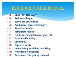  B: BEST FOR THE BABY
 R: Reduces allergies
 E: Easy once established
 A: Antibodies, greater immunity
 S: Stool inoffensive
 T: Temperature ideal
 F: Fresh/ Feeding milk never goes off
 E: Emotional bonding
 E: Economical
 D: Digested easily
 I: Immediately available, no mixing
 N: Nutritionally adequate
 G: Gastroenteritis greatly reduced
 