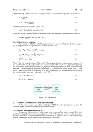 Int J Pow Elec & Dri Syst ISSN: 2088-8694 
Generator and grid side converter control for wind energy conversion system (Asma Tounsi)
1835
The member ship functions are chosen as rectangular form, which nonlinearity is presented by two models:
(11)
(12)
The TS fuzzy model can be written as [22], [23]:
̇ ∑ ( ) ( ) (13)
Where, r is the rule’s number (number of linear local model). The activation’s degree for rule is defined as:
∑
, , i = 1, …r
2.3. Grid side inverter modeling
The two parts of WECS are linked through a continuous bus as shown by Figure 2. The modeling of
the second part of the chain is given by these different equations [24]:
(14)
(15)
(16)
Where (Vg.d, Vg.q) are grid voltages of d-q axes, (Vd, Vq) designate the direct and quadrature components of
the output inverter, (Ig.d, Ig.q) represent the grid currents along d and q axes, Rf and Lf represent respectively
the resistance and the inductance of the filter, ωg represents the angular frequency, C is the capacitance of the
capacitor, Udc represents the DC voltage of the capacitor, Idc.s is the current of the SSC output to the DC link
and Idc.g is the current of the DC link output to the grid. The following two equations represent respectively
the formulas relating to the active and reactive power [18]:
(17)
(18)
Figure 2. DC link capacitor
3. CONTROL STRATEGIES OF THE WIND SYSTEM
In this section, we are interested in controlling the WECS. It has two parts, the first relates to the
control of the SSC and the second relates to the control of the GSC.
3.1. Controller for generator side converter
To maximize the conversion of wind energy, some equations of the system are used. The power
coefficient is keeped at its maximum value Cpmax as well as the optimum value of the tip speed ratio.
Likewise, mechanical rotational speed Ω must be maintained at an optimum value and vary proportionally
with the wind speed V. So, the mechanical reference speed is expressed as:
 