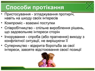 Способи протікання
• Пристосування - згладжування протиріч,
навіть на шкоду своїх інтересів
• Компроміс - взаємні поступки
• Співробітництво - спільне вироблення рішень,
що задовольняє інтереси сторін
• Ігнорування - спроба (або прагнення) виходу з
конфліктної ситуації, не вирішуючи її
• Суперництво - відкрита боротьба за свої
інтереси, завзяте відстоювання своєї позиції
 