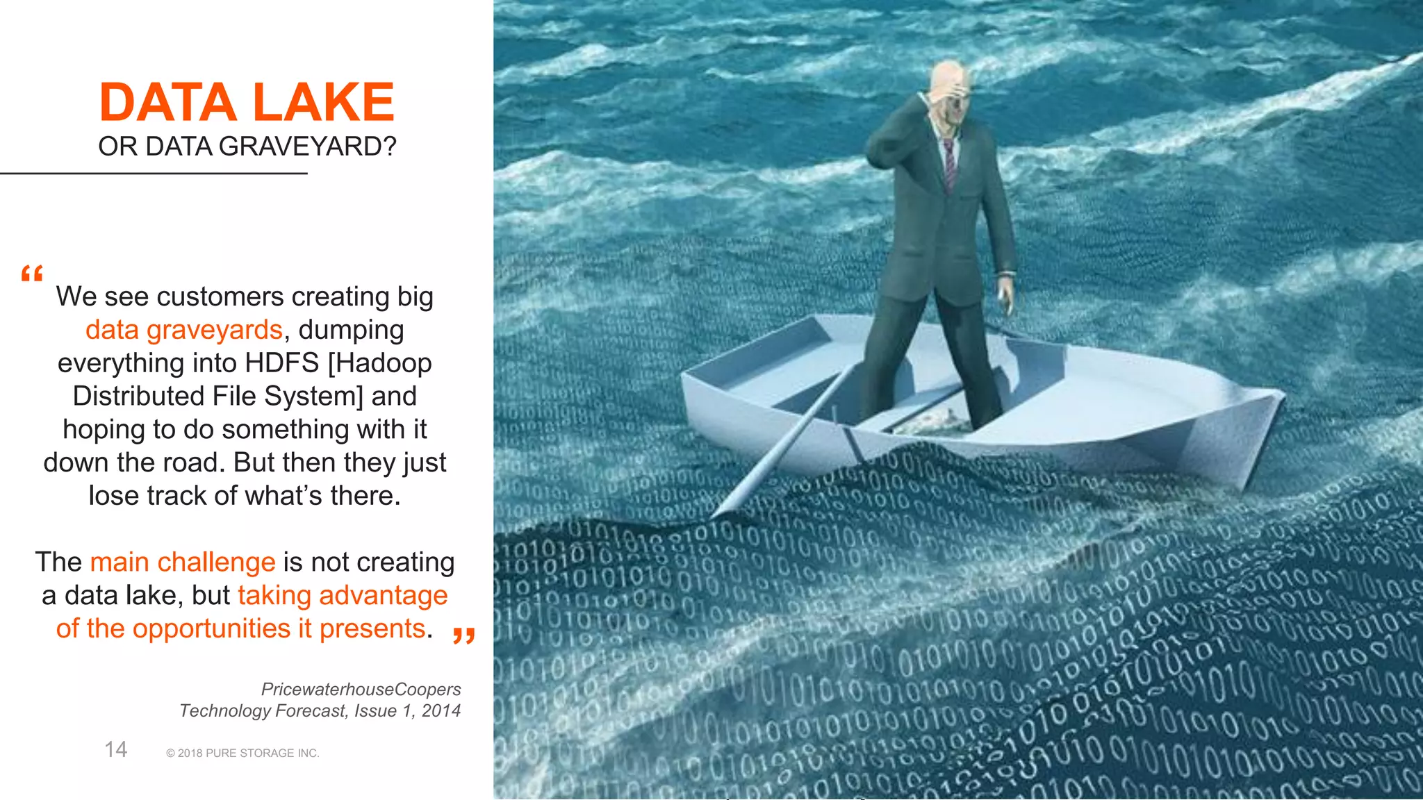 © 2018 PURE STORAGE INC.14
DATA LAKE
OR DATA GRAVEYARD?
We see customers creating big
data graveyards, dumping
everything into HDFS [Hadoop
Distributed File System] and
hoping to do something with it
down the road. But then they just
lose track of what’s there.
The main challenge is not creating
a data lake, but taking advantage
of the opportunities it presents.
“
”
PricewaterhouseCoopers
Technology Forecast, Issue 1, 2014
 