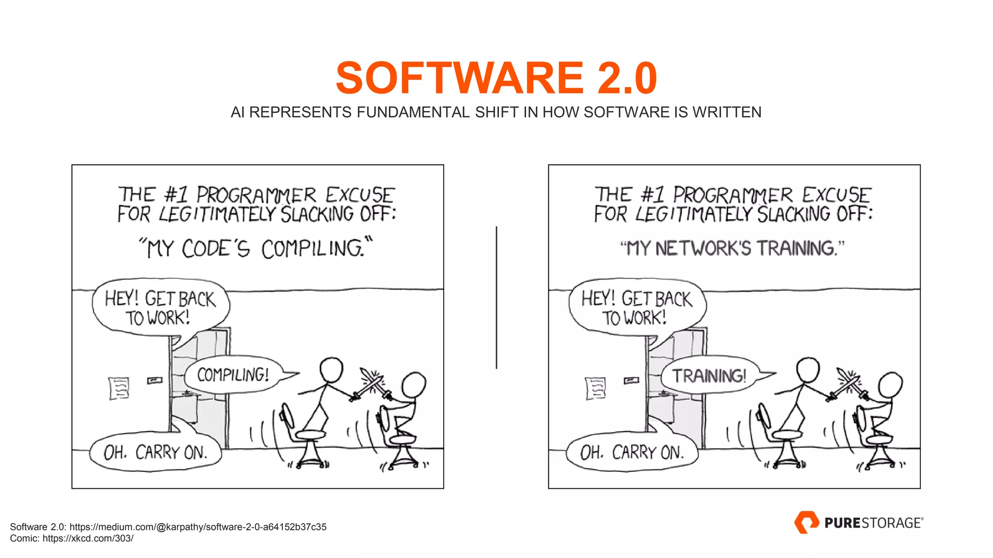 © 2018 PURE STORAGE INC.3
SOFTWARE 2.0
AI REPRESENTS FUNDAMENTAL SHIFT IN HOW SOFTWARE IS WRITTEN
Software 2.0: https://medium.com/@karpathy/software-2-0-a64152b37c35
Comic: https://xkcd.com/303/
 