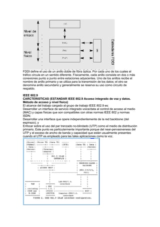 FDDI define el uso de un anillo doble de fibra óptica. Por cada uno de los cuales el
tráfico circula en un sentido diferente. Físicamente, cada anillo consiste en dos o más
conexiones punto a punto entre estaciones adyacentes. Uno de los anillos recibe el
nombre de anillo primario y se utiliza para la transmisión de los datos; el otro se
denomina anillo secundario y generalmente se reserva su uso como circuito de
respaldo.

IEEE 802.9
CARCTERISTICAS (ESTANDAR IEEE 802.9 Acceso integrado de voz y datos.
Método de acceso y nivel físico)
El alcance del trabajo cargado al grupo de trabajo IEEE 802.9 es:
Desarrollar un interface de servicio integrado voice/data al control de acceso al medio
(MAC) y capas físicas que son compatibles con otras normas IEEE 802 y normas
ISDN;
Desarrollar una interface que opere independientemente de la red backbone (del
espinazo); y
Enfocar sobre el uso del par trenzado no-blindado (UTP) como el medio de distribución
primario. Este punto es particularmente importante porque del near-pervasiveness del
UTP y el exceso de ancho de banda y capacidad que están usualmente presentes
cuando el UTP es empleado para las tales aplicaciones como la voz.
 
