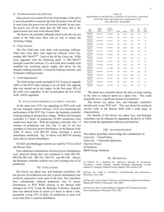 6
D. Problems found in the field tests
Since power was turned off at the front breaker of the drive
it was not possible to measure the time the power was off, but
in most cases the power was off several seconds. In any case,
the power was off for more than the 300 msec, that is the
typical power loss time in the Boscan field.
The brown out controller although tested in the lab was not
tested in the field since there was no way to reduce the
incoming voltage.
E. Final solution
The first field tests were done with prototype software.
Final tests were done with improved software Unico Inc.
number 805-704.077 3
. Each of the 60 Hp Unico Inc. VSDs
were upgraded with the following parts: 1) 805-704.077
backspin controller software, 2) a new Gate drive module with
modified bus switching power supply and driver for the
dynamic braking transistor, 3) dynamic braking transistor, and
4) dynamic braking resistor.
F. Field Implantation
The field testing results prompted CVX Texaco to upgrade
100% of the PCP wells running in its oil field. The upgrade
plan was carried out in two stages: In the first stage 50% of
the wells were upgraded. In the second phase the rest of the
wells will be upgraded.
VI. EVALUATION UNDER REAL ELECTRICAL FAILURES
At the same time CVX was upgrading its PCP wells with
the new backspin control software, CVX was monitoring the
performance of the PCP. Fig. 9 shows the backspin controller
working during an actual power outage. Without the backspin
controller 2-7 hours of production (8-30% production loss)
would have been lost. With the backspin controller only 1.5
minutes of production was lost. Fig. 13 and 14 are two
examples of electrical power disturbances in the Boscan field.
Table II shows well BN-793 riding thorough a power
disturbance unaffected. Fig. 14 shows well BN-559 slowing
down due to a power disturbance.
SCADA and Datalogger systems are used by CVX in all of
the Boscan field.
TABLE II
MONITORING OF THE PCP WELL CONDITION AFTER INSTALL UPGRADED
SOFTWARE. THEY ARE OPERATION CONDITIONS OF THE
WELL BN-793 IN 06/28/2005
Nine additional instantaneous electrical power disturbances
were observed during this real evaluation in wells BN-793,
BN-559, BN-124, BN-762, BN-781, and BN-186. Always
the Backspin controller worked very well avoiding loss of oil
production
VII. CONCLUSIONS
The brown out, phase loss, and backspin controllers will
not prevent all production loss due to power disturbances but
would be expected to work most of the time. The controllers
have substantially reduced production loss to power
disturbances in PCP Wells running in the Boscan field
managed by CVX. Using the Backspin Controller, backspin
time was reduced from as much as 6 hours to about 1 min,
potentially saving 25% of daily oil production in each well
every time there is a power disturbance.
The phase loss controller allows the drive to keep running
at the same or reduced speed on a phase loss. This could
potentially save a significant amount of production.
The brown out, phase loss, and backspin controllers
should work in any PCP well. This was shown by testing in
several wells in the Boscan field with a wide range of
characteristics.
The benefits of the brown out, phase loss, and backspin
controllers can be obtained by upgrading old drives in VSDs
that include the appropriate software and hardware.
Date&
Time
Intake
Pressure
(PSI)
Intake
Temperature
(F) RPM Torque
I Motor
(A)
Vol-
tage
(V)
Fre-
cuency
(Hz)
28/06/2005
20:52:25
1346.41101 181.29274 280 723.69 48.82 414 66
28/06/2005
20:52:37 1346.41101 181.29274 280 723.69 49.01 429 66
28/06/2005
20:52:49
1346.41101 181.29274 280 723.69 49.01 444 66
28/06/2005
20:53:01
1358.22180 181.01958 280 611.39 49.14 459 66
28/06/2005
20:53:13
1355.75427 181.08574 280 648.82 49.23 474 66
28/06/2005
20:53:25
1354.91711 181.08151 280 623.87 49.33 489 66
28/06/2005
20:53:37
1353.81580 181.26242 280 636.35 49.42 504 66
28/06/2005
20:53:49 1352.87634 181.18211 280 648.82 49.52 519 66
28/06/2005
20:54:01
1352.04749 181.22221 280 661.3 49.61 534 66
28/06/2005
20:54:13
1351.44248 181.19794 280 673.78 49.71 549 66
28/06/2005
20:54:25 1350.18787 181.16808 280 723.69 49.8 435 66
28/06/2005
20:54:37
1349.58875 181.17857 280 723.69 49.19 439 66
28/06/2005
20:54:49
1349.63147 181.17484 280 723.69 48.92 421 66
28/06/2005
20:55:01
1349.75574 181.12221 280 723.69 49.09 410 66
28/06/2005
20:55:13
1349.40759 181.16731 280 723.69 48.55 443 66
28/06/2005
20:55:25
1349.66492 181.13686 280 723.69 48.47 448 66
VIII. ACKNOWLEDGMENT
The authors gratefully acknowledge the contributions of:
Unico Inc. – United States
Unico Inc. – Venezuela Operations
Chevron Texaco
eP Solutions
R&M Energy Solutions
IX. REFERENCES
[1] CRAFT, B. y Hawkins, M.. Ingeniería Aplicada de Yacimientos
Petrolíferos. (Título Original: Applied Petroleum Engineering, Versión
español: H. Vásquez), Editorial Tecnos, Madrid, 1968. Section 3.40.
[2]Unico Inc, Guide to installation, troubleshooting and maintenance,
Wisconsin, USA, 2005.
[3]Unico Inc, User’s Guide to Start-Up, and Operation (Application Software
Manual 805-704.077), Wisconsin, USA, 2005.
[4]Unico Inc, Drive Control Options to Optimize PCP Production During
Power Disturbances, Wisconsin, USA, 2005.
 