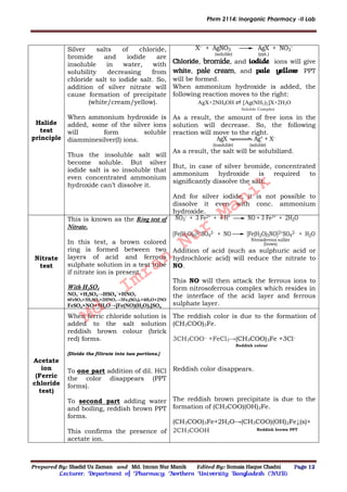 Phrm 2114: Inorganic Pharmacy -II Lab
Prepared By: Shadid Uz Zaman and Md. Imran Nur Manik Edited By: Somaia Haque Chadni Page 12
Lecturer; Department of Pharmacy; Northern University Bangladesh (NUB).
Halide
test
principle
Silver salts of chloride,
bromide and iodide are
insoluble in water, with
solubility decreasing from
chloride salt to iodide salt. So,
addition of silver nitrate will
cause formation of precipitate
(white/cream/yellow).
When ammonium hydroxide is
added, some of the silver ions
will form soluble
diamminesilver(I) ions.
Thus the insoluble salt will
become soluble. But silver
iodide salt is so insoluble that
even concentrated ammonium
hydroxide can’t dissolve it.
(soluble) (ppt.)
X + AgNO3 AgX + NO3

Chloride, bromide, and iodide ions will give
white, pale cream, and pale yellow PPT
will be formed.
When ammonium hydroxide is added, the
following reaction moves to the right:
AgX+2NH4OH ⇌ [Ag(NH3)2]X+2H2O
Soluble Complex
As a result, the amount of free ions in the
solution will decrease. So, the following
reaction will move to the right.
AgX Ag+ + X
(insoluble) (soluble)
As a result, the salt will be solubilized.
But, in case of silver bromide, concentrated
ammonium hydroxide is required to
significantly dissolve the salt.
And for silver iodide, it is not possible to
dissolve it even with conc. ammonium
hydroxide.
Nitrate
test
This is known as the Ring test of
Nitrate.
In this test, a brown colored
ring is formed between two
layers of acid and ferrous
sulphate solution in a test tube
if nitrate ion is present.
With H2SO4
NO3
−
+H2SO4→HSO4
−
+HNO3
6FeSO4+3H2SO4+2HNO3→3Fe2(SO4)3+4H2O+2NO
FeSO4+NO+5H2O→[Fe(NO)(H2O)5]SO4
NO3
- + 3 Fe2+ + 4 H+ NO + 3 Fe3+ + 2H2O
[Fe(H2O)6]2+SO4
2- + NO [Fe(H2O)5NO]2+SO4
2- + H2O
Nitrosoferrous sulfate
(brown)
Addition of acid (such as sulphuric acid or
hydrochloric acid) will reduce the nitrate to
NO.
This NO will then attack the ferrous ions to
form nitrosoferrous complex which resides in
the interface of the acid layer and ferrous
sulphate layer.
Acetate
ion
(Ferric
chloride
test)
When ferric chloride solution is
added to the salt solution
reddish brown colour (brick
red) forms.
[Divide the filtrate into two portions.]
To one part addition of dil. HCl
the color disappears (PPT
forms).
To second part adding water
and boiling, reddish brown PPT
forms.
This confirms the presence of
acetate ion.
The reddish color is due to the formation of
(CH3COO)3Fe.
3CH3COO− +FeCl3→(CH3COO)3Fe +3Cl−
Reddish colour
Reddish color disappears.
The reddish brown precipitate is due to the
formation of (CH3COO)(OH)2Fe.
(CH3COO)3Fe+2H2O→(CH3COO)(OH)2Fe↓(s)+
2CH3COOH Reddish brown PPT
Md.
Imran
Nur
Manik
 