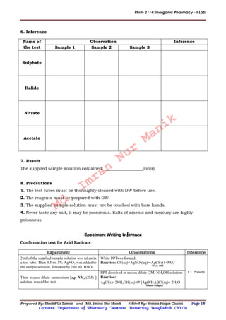 Phrm 2114: Inorganic Pharmacy -II Lab
Prepared By: Shadid Uz Zaman and Md. Imran Nur Manik Edited By: Somaia Haque Chadni Page 15
Lecturer; Department of Pharmacy; Northern University Bangladesh (NUB).
6. Inference
Name of
the test
Observation Inference
Sample 1 Sample 2 Sample 3
Sulphate
Halide
Nitrate
Acetate
7. Result
The supplied sample solution contained: ion(s)
8. Precautions
1. The test tubes must be thoroughly cleaned with DW before use.
2. The reagents must be prepared with DW.
3. The supplied sample solution must not be touched with bare hands.
4. Never taste any salt, it may be poisonous. Salts of arsenic and mercury are highly
poisonous.
Specimen: Writing inference
Confirmation test for Acid Radicals
Experiment Observations Inference
2 ml of the supplied sample solution was taken in
a test tube. Then 0.5 ml 5% AgNO3 was added to
the sample solution, followed by 2ml dil. HNO3.
White PPTwas formed.
Reaction: Cl–
(aq)+AgNO3(aq)AgCl(s)+NO3
–
White PPT
Cl–
Present
Then excess dilute ammonium [aq. NH3 (2M) ]
solution was added to it.
PPT dissolved in excess dilute (2M) NH4OH solution.
Reaction:
AgCl(s)+2NH4OH(aq) ⇌ [Ag(NH3)2]Cl(aq)+ 2H2O
Soluble complex
Md.
Imran
Nur
Manik
 