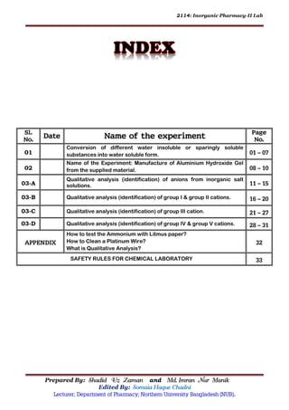 2114: Inorganic Pharmacy-II Lab
Prepared By: Shadid Uz Zaman and Md. Imran Nur Manik
Edited By: Somaia Haque Chadni
Lecturer; Department of Pharmacy; Northern University Bangladesh (NUB).
Sl.
No.
Date Name of the experiment
Page
No.
01
Conversion of different water insoluble or sparingly soluble
substances into water soluble form. 01 – 07
02
Name of the Experiment: Manufacture of Aluminium Hydroxide Gel
from the supplied material. 08 – 10
03-A
Qualitative analysis (identification) of anions from inorganic salt
solutions. 11 – 15
03-B Qualitative analysis (identification) of group I & group II cations. 16 – 20
03-C Qualitative analysis (identification) of group III cation. 21 – 27
03-D Qualitative analysis (identification) of group IV & group V cations. 28 – 31
APPENDIX
How to test the Ammonium with Litmus paper?
How to Clean a Platinum Wire?
What is Qualitative Analysis?
32
SAFETY RULES FOR CHEMICAL LABORATORY 33
Version: Halim-01 01 1426
LAST UPDATE:05 05 2019
 