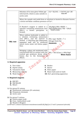 Phrm 2114: Inorganic Pharmacy -II Lab
Prepared By: Shadid Uz Zaman and Md. Imran Nur Manik Edited By: Somaia Haque Chadni Page 29
Lecturer; Department of Pharmacy; Northern University Bangladesh (NUB).
Solution of Ca ions gives Yellow ppt
with K2CrO4 which is also soluble in
acetic acid.
Ca++ K2CrO4 → CaCrO4↓(s)+ 2K+
Yellow PPT
When the sample salt (solid form or solution) is heated in Bunsen burner,
a brick-red flame confirms presence of Ca2+.
NH4+ test
If Nessler’s reagent is added to a
solution containing ammonium ions
(NH4
+), a brown precipitate is
formed.
2K2[HgI4]+NH4+3KOH →
HgO·Hg(NH2)I(s)↓+7KI− +2H2O
(Yellow or brown)
When sodium hydroxide is added to
a solution containing ammonium
ions (NH4
+), and the mixture is
heated, a colourless gas (Characteristic
ammoniacal smell) will be produced
which turns moist red litmus paper
blue.
NH4
+ (aq)+ NaOH 
NH3(g)↑+H2O+Na+
Ammonia
Bringing a glass rod moistened with
concentrated HCl in contact with the
evolved gas produces dense white
fumes due to the formation of
NH4Cl.
NH3 + HCl (Conc.)→NH4Cl(g)↑
White fumes
3. Required apparatus
1. Test tubes
2. Pipette (5mL)
3. Volumetric flask
4. Measuring cylinder
5. Wash bottle
6. Beaker
7. Stirrer
8. Filter paper
9. Water bath and ice bath
10. H2S generating apparatus
4. Required reagents
A. 6M HCl
B. 9M NH4OH
C. NH4Cl
1. For group IV cations
a) Ammonium carbonate (5% solution)
b) Potassium chromate
c) Acetic acid
2. For group V cations
a) Litmus paper (red)
b) Conc. hydrochloric acid
c) Nessler's Reagent.
[a 0.09 mol/L solution of potassium tetraiodomercurate(II) (K2[HgI4]) in 2.5 mol/L potassium hydroxide]
Md.
Imran
Nur
Manik
 