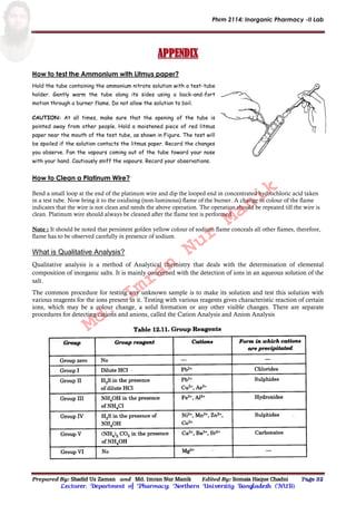 Phrm 2114: Inorganic Pharmacy -II Lab
Prepared By: Shadid Uz Zaman and Md. Imran Nur Manik Edited By: Somaia Haque Chadni Page 32
Lecturer; Department of Pharmacy; Northern University Bangladesh (NUB).
How to test the Ammonium with Litmus paper?
Hold the tube containing the ammonium nitrate solution with a test-tube
holder. Gently warm the tube along its sides using a back-and-fort
motion through a burner flame. Do not allow the solution to boil.
CAUTION: At all times, make sure that the opening of the tube is
pointed away from other people. Hold a moistened piece of red litmus
paper near the mouth of the test tube, as shown in Figure. The test will
be spoiled if the solution contacts the litmus paper. Record the changes
you observe. Fan the vapours coming out of the tube toward your nose
with your hand. Cautiously sniff the vapours. Record your observations.
How to Clean a Platinum Wire?
Bend a small loop at the end of the platinum wire and dip the looped end in concentrated hydrochloric acid taken
in a test tube. Now bring it to the oxidising (non-luminous) flame of the burner. A change in colour of the flame
indicates that the wire is not clean and needs the above operation. The operation should be repeated till the wire is
clean. Platinum wire should always be cleaned after the flame test is performed.
Note : It should be noted that persistent golden yellow colour of sodium flame conceals all other flames, therefore,
flame has to be observed carefully in presence of sodium.
What is Qualitative Analysis?
Qualitative analysis is a method of Analytical chemistry that deals with the determination of elemental
composition of inorganic salts. It is mainly concerned with the detection of ions in an aqueous solution of the
salt.
The common procedure for testing any unknown sample is to make its solution and test this solution with
various reagents for the ions present in it. Testing with various reagents gives characteristic reaction of certain
ions, which may be a colour change, a solid formation or any other visible changes. There are separate
procedures for detecting cations and anions, called the Cation Analysis and Anion Analysis
Md.
Imran
Nur
Manik
 