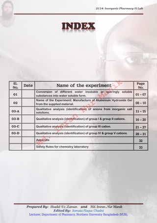 2114: Inorganic Pharmacy-II Lab
Prepared By: Shadid Uz Zaman and Md. Imran Nur Manik
Edited By: Somaia Haque Chadni
Lecturer; Department of Pharmacy; Northern University Bangladesh (NUB).
Sl.
No.
Date Name of the experiment
Page
No.
01
Conversion of different water insoluble or sparingly soluble
substances into water soluble form. 01 – 07
02
Name of the Experiment: Manufacture of Aluminium Hydroxide Gel
from the supplied material. 08 – 10
03-A
Qualitative analysis (identification) of anions from inorganic salt
solutions. 11 – 15
03-B Qualitative analysis (identification) of group I & group II cations. 16 – 20
03-C Qualitative analysis (identification) of group III cation. 21 – 27
03-D Qualitative analysis (identification) of group IV & group V cations. 28 – 31
Appendix 32
Safety Rules for chemistry laboratory 33
Md.
Imran
Nur
Manik
edition: january 2020
 