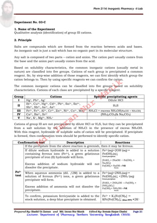Phrm 2114: Inorganic Pharmacy -II Lab
Prepared By: Shadid Uz Zaman and Md. Imran Nur Manik Edited By: Somaia Haque Chadni Page 21
Lecturer; Department of Pharmacy; Northern University Bangladesh (NUB).
Experiment No. 03-C
1. Name of the Experiment
Qualitative analysis (identification) of group III cations.
2. Principle
Salts are compounds which are formed from the reaction between acids and bases.
An inorganic salt is just a salt which has no organic part in its molecular structure.
Any salt is composed of two parts – cation and anion. The cation part usually comes from
the base and the anion part usually comes from the acid.
Based on solubility characteristics, the common inorganic cations (usually metal in
nature) are classified into five groups. Cations of each group is precipitated a common
reagent. So, by step-wise addition of those reagents, we can first identify which group the
cation belongs to. Then by using specific reagents we can confirm the cation.
The common inorganic cations can be classified into five groups based on solubility
characteristics. Cations of each class are precipitated by a specific reagent.
Group Cations Specific precipitating agents
I Hg+, Pb2+, Ag+ Dilute HCl
II
Bi3+, Cu2+, Hg2+, Cd2+, Pb2+, Sn2+, Sn4+,
Sb3+, Sb5+, As3+, As5+
H2S
III Fe2+, Fe3+, Al3+, Cr3+, Zn2+, Ni2+, Co2+, Mn2+ NH4Cl + excess NH4OH(NaOH + NH4OH)
IV Ca2+, Ba2+, Sr2+ (NH4)2CO3(& Na2CO3)
V Na+, K+, Mg2+, NH4+ -
Cations of group III are not precipitated by dilute HCl or H2S, but they can be precipitated
from a salt solution by the addition of NH4Cl in the presence of excess NH4OH.
With this reagent, hydroxide or sulphide salts of cation will be precipitated. If precipitate
is formed, then confirmation tests should be performed to identify specific cation.
Confirmation test Description Reactions
Fe2+
test
If the precipitate from the above reaction is greenish, then it may be ferrous.
If dilute sodium hydroxide is added to a solution
containing ferrous ions (Fe2+), a green gelatinous
precipitate of iron (II) hydroxide will form.
Excess addition of sodium hydroxide will not
dissolve the precipitate.
Fe2+(aq)+2OH–(aq)
Fe(OH)2(s)↓
Green precipitate
[FeSO4 + 2NaOH  Fe(OH)2 +
Na2SO4]
Fe(OH)2+ NaOH→NR
Excess
When aqueous ammonia (dil. /2M) is added to a
solution of ferrous (Fe2+) ions, a green gelatinous
precipitate will form.
Excess addition of ammonia will not dissolve the
precipitate.
Fe2+(aq)+2NH3(aq)
Fe(OH)2(s)↓ +2NH4
+(aq)
Green precipitate
[FeSO4 + 2NH4OH → Fe(OH)2 +
(NH4)2SO4 ]
Fe(OH)2+ NH4OH→NR
Excess
To confirm, potassium ferricyanide is added to the
stock solution, a deep blue precipitate is obtained.
Fe2+ + K3[Fe(CN)6] 
KFe[Fe(CN)6]↓ (blue PPT) +2K+
Md.
Imran
Nur
Manik
 
