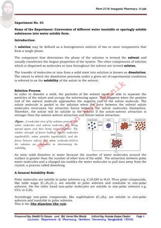 Phrm 2114: Inorganic Pharmacy -II Lab
Prepared By: Shadid Uz Zaman and Md. Imran Nur Manik Edited By: Somaia Haque Chadni Page 1
Lecturer; Department of Pharmacy; Northern University Bangladesh (NUB).
Experiment No. 01
Name of the Experiment: Conversion of different water insoluble or sparingly soluble
substances into water soluble form.
Introduction:
A solution may be defined as a homogeneous mixture of two or more components that
form a single phase.
The component that determines the phase of the solution is termed the solvent and
usually constitutes the largest proportion of the system. The other components of solution
which is dispersed as molecules or ions throughout the solvent are termed solutes.
The transfer of molecules or ions from a solid state into solution is known as dissolution.
The extent to which the dissolution proceeds under a given set of experimental conditions
is referred to as the solubility of the solute in the solvent.
Solution Process
In order to dissolve a solid, the particles of the solvent must be able to separate the
particles of the solute and occupy the intervening space. This happens when the positive
end of the solvent molecule approaches the negative end of the solute molecule. The
solute molecule is pooled in the solution when the force between the solvent solute
molecules overcomes the attractive forces between the solute molecules themselves.
Therefore, the solute will be soluble in the solvent if the solute-solvent attraction is
stronger than the solvent-solvent attraction and solute-solute attraction.
H1 H2
H3
An ionic solid dissolves in water because the number of water molecules around the
surface is greater than the number of other ions of the solid. The attraction between polar
water molecules and a charged ion enables the water molecules to pull ions away from the
crystal, a process called dissolving.
A General Solubility Rule:
Polar molecules are soluble in polar solvents e.g. C2H5OH in H2O. Thus polar compounds,
like table sugar (C12H22O11), are soluble in polar solvents and insoluble in non-polar
solvents. On the other hand non-polar molecules are soluble in non-polar solvents e.g.
CCl4 in C6H6.
Accordingly non-polar compounds, like naphthalene (C10H8), are soluble in non-polar
solvents and insoluble in polar solvents.
This it the like dissolves like rule.
Figure: A molecular view of the solution process. The
solute molecules and solvent molecules first being
spread apart, and then being mixed together. The
relative strength of forces holding solvent molecules
togetherH1, solute particles togetherH2, and the
forces between solvent and solute molecules H3 in
the solution are important in determining the
solubility. Md.
Imran
Nur
Manik
 