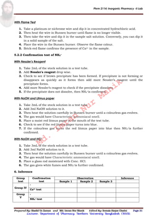 Phrm 2114: Inorganic Pharmacy -II Lab
Prepared By: Shadid Uz Zaman and Md. Imran Nur Manik Edited By: Somaia Haque Chadni Page 31
Lecturer; Department of Pharmacy; Northern University Bangladesh (NUB).
With Flame Test
1. Take a platinum or nichrome wire and dip it in concentrated hydrochloric acid.
2. Then heat the wire in Bunsen burner until flame is no longer visible.
3. Then take the wire and dip it in the sample salt solution. Conversely, you can dip it
in a solid sample of the salt.
4. Place the wire in the Bunsen burner. Observe the flame colour.
5. Brick-red flame confirms the presence of Ca2+ in the sample.
5.2.2 Confirmation test of NH4
+
With Nessler's Reagent
1. Take 2mL of the stock solution in a test tube.
2. Add Nessler's reagent drop wise.
3. Check to see if brown precipitate has been formed. If precipitate is not forming or
disappears as quickly as it forms then add more Nessler’s reagent until the
precipitate forms.
4. Add more Nessler’s reagent to check if the precipitate dissolves.
5. If the precipitate does not dissolve, then NH4
+is confirmed.
With NaOH and Litmus paper
1. Take 3mL of the stock solution in a test tube.
2. Add 3ml NaOH solution to it.
3. Then heat the solution carefully in Bunsen burner until a colourless gas evolves.
4. The gas would have Characteristic ammoniacal smell.
5. Place a moist red litmus paper in the mouth of the test tube.
6. Check to see if the red litmus paper turns into blue.
7. If the colourless gas turns the red litmus paper into blue then NH4
+is further
confirmed.
With NaOH and HCl
1. Take 3mL of the stock solution in a test tube.
2. Add 3ml NaOH solution to it.
3. Then heat the solution carefully in Bunsen burner until a colourless gas evolves.
4. The gas would have Characteristic ammoniacal smell.
5. Place a glass rod moistened with Conc. HCl.
6. The gas gives white fumes and NH4
+is further confirmed.
6. Inference
Group
test
Confirmation
test
Observation Inference
Sample 1 Sample 2 Sample 3
Group IV
-
Ca2+ test
Group
V
-
NH4+ test
Md.
Imran
Nur
Manik
 