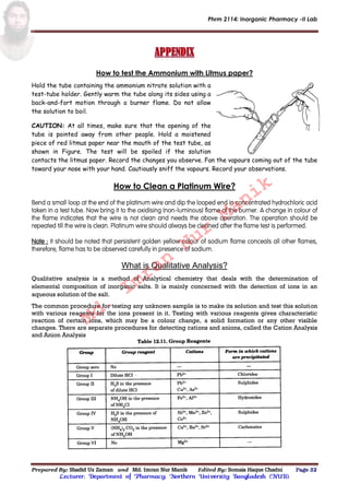 Phrm 2114: Inorganic Pharmacy -II Lab
Prepared By: Shadid Uz Zaman and Md. Imran Nur Manik Edited By: Somaia Haque Chadni Page 32
Lecturer; Department of Pharmacy; Northern University Bangladesh (NUB).
How to test the Ammonium with Litmus paper?
Hold the tube containing the ammonium nitrate solution with a
test-tube holder. Gently warm the tube along its sides using a
back-and-fort motion through a burner flame. Do not allow
the solution to boil.
CAUTION: At all times, make sure that the opening of the
tube is pointed away from other people. Hold a moistened
piece of red litmus paper near the mouth of the test tube, as
shown in Figure. The test will be spoiled if the solution
contacts the litmus paper. Record the changes you observe. Fan the vapours coming out of the tube
toward your nose with your hand. Cautiously sniff the vapours. Record your observations.
How to Clean a Platinum Wire?
Bend a small loop at the end of the platinum wire and dip the looped end in concentrated hydrochloric acid
taken in a test tube. Now bring it to the oxidising (non-luminous) flame of the burner. A change in colour of
the flame indicates that the wire is not clean and needs the above operation. The operation should be
repeated till the wire is clean. Platinum wire should always be cleaned after the flame test is performed.
Note : It should be noted that persistent golden yellow colour of sodium flame conceals all other flames,
therefore, flame has to be observed carefully in presence of sodium.
What is Qualitative Analysis?
Qualitative analysis is a method of Analytical chemistry that deals with the determination of
elemental composition of inorganic salts. It is mainly concerned with the detection of ions in an
aqueous solution of the salt.
The common procedure for testing any unknown sample is to make its solution and test this solution
with various reagents for the ions present in it. Testing with various reagents gives characteristic
reaction of certain ions, which may be a colour change, a solid formation or any other visible
changes. There are separate procedures for detecting cations and anions, called the Cation Analysis
and Anion Analysis
Md.
Imran
Nur
Manik
 