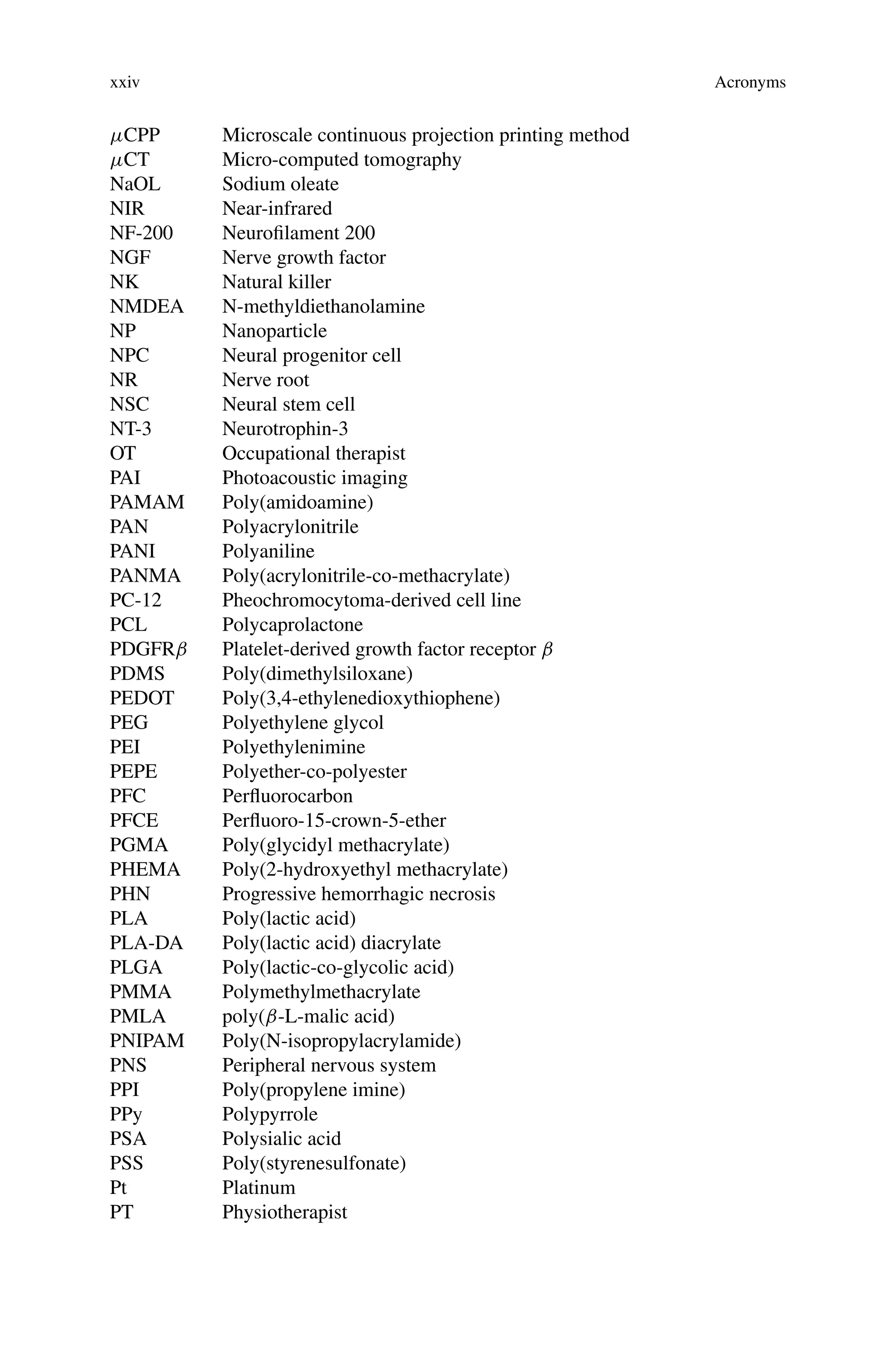 xxiv Acronyms
μCPP Microscale continuous projection printing method
μCT Micro-computed tomography
NaOL Sodium oleate
NIR Near-infrared
NF-200 Neurofilament 200
NGF Nerve growth factor
NK Natural killer
NMDEA N-methyldiethanolamine
NP Nanoparticle
NPC Neural progenitor cell
NR Nerve root
NSC Neural stem cell
NT-3 Neurotrophin-3
OT Occupational therapist
PAI Photoacoustic imaging
PAMAM Poly(amidoamine)
PAN Polyacrylonitrile
PANI Polyaniline
PANMA Poly(acrylonitrile-co-methacrylate)
PC-12 Pheochromocytoma-derived cell line
PCL Polycaprolactone
PDGFRβ Platelet-derived growth factor receptor β
PDMS Poly(dimethylsiloxane)
PEDOT Poly(3,4-ethylenedioxythiophene)
PEG Polyethylene glycol
PEI Polyethylenimine
PEPE Polyether-co-polyester
PFC Perfluorocarbon
PFCE Perfluoro-15-crown-5-ether
PGMA Poly(glycidyl methacrylate)
PHEMA Poly(2-hydroxyethyl methacrylate)
PHN Progressive hemorrhagic necrosis
PLA Poly(lactic acid)
PLA-DA Poly(lactic acid) diacrylate
PLGA Poly(lactic-co-glycolic acid)
PMMA Polymethylmethacrylate
PMLA poly(β-L-malic acid)
PNIPAM Poly(N-isopropylacrylamide)
PNS Peripheral nervous system
PPI Poly(propylene imine)
PPy Polypyrrole
PSA Polysialic acid
PSS Poly(styrenesulfonate)
Pt Platinum
PT Physiotherapist
 