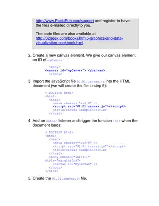 http://www.PacktPub.com/support and register to have
the files e-mailed directly to you.
The code files are also available at
http://02geek.com/books/html5-graphics-and-data-
visualization-cookbook.html.
2. Create a new canvas element. We give our canvas element
an ID of myCanvas:
<body>
<canvas id="myCanvas"> </canvas>
</body>
3. Import the JavaScript file 01.01.canvas.js into the HTML
document (we will create this file in step 5):
<!DOCTYPE html>
<html>
<head>
<meta charset="utf-8" />
<script src="01.01.canvas.js"></script>
<title>Canvas Example</title>
</head>
4. Add an onLoad listener and trigger the function init when the
document loads:
<!DOCTYPE html>
<html>
<head>
<meta charset="utf-8" />
<script src="01.01.canvas.js"></script>
<title>Canvas Example</title>
</head>
<body onLoad="init();"
style="margin:0px">
<canvas id="myCanvas" />
</body>
</html>
5. Create the 01.01.canvas.js file.
 