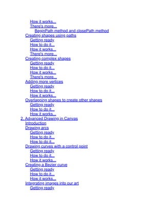 How it works...
There's more...
BeginPath method and closePath method
Creating shapes using paths
Getting ready
How to do it...
How it works...
There's more...
Creating complex shapes
Getting ready
How to do it...
How it works...
There's more...
Adding more vertices
Getting ready
How to do it...
How it works...
Overlapping shapes to create other shapes
Getting ready
How to do it...
How it works...
2. Advanced Drawing in Canvas
Introduction
Drawing arcs
Getting ready
How to do it...
How to do it...
Drawing curves with a control point
Getting ready
How to do it...
How it works...
Creating a Bezier curve
Getting ready
How to do it...
How it works...
Integrating images into our art
Getting ready
 